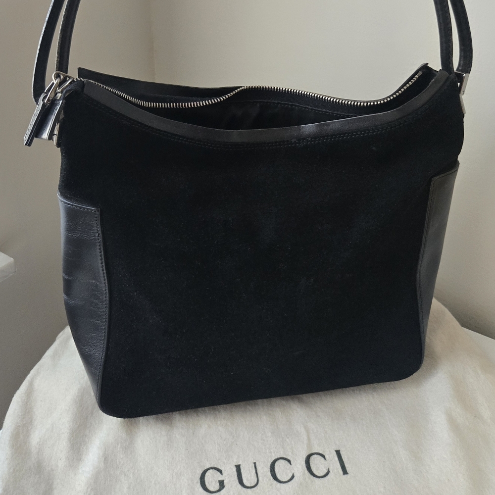 Gucci Black Suede And Leather Zip Shoulder Bag